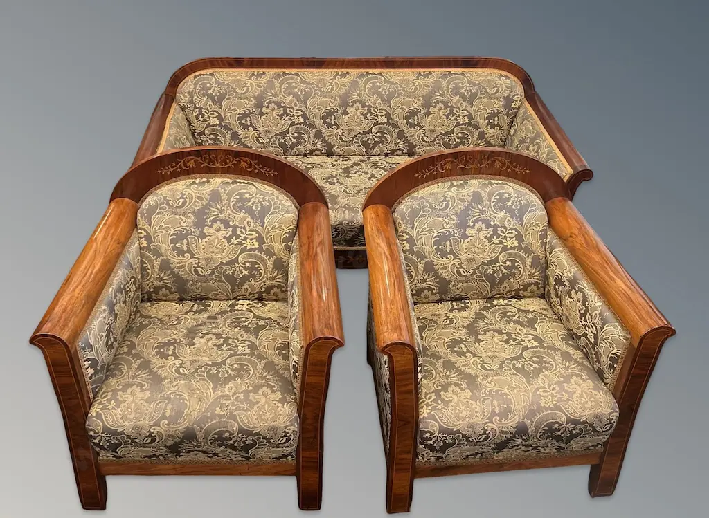 Rosewood Biedermeier Lounge Set with Pair of Armchairs and Matching Sofa, upholstered in Czech Brocade, c.1860-1870 Image 1++