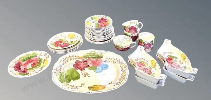 Belle Fiore Platter, Chop Plates, Side Plates, Saucers, Bowl & Cups, 32 pieces, some AF Image 1++