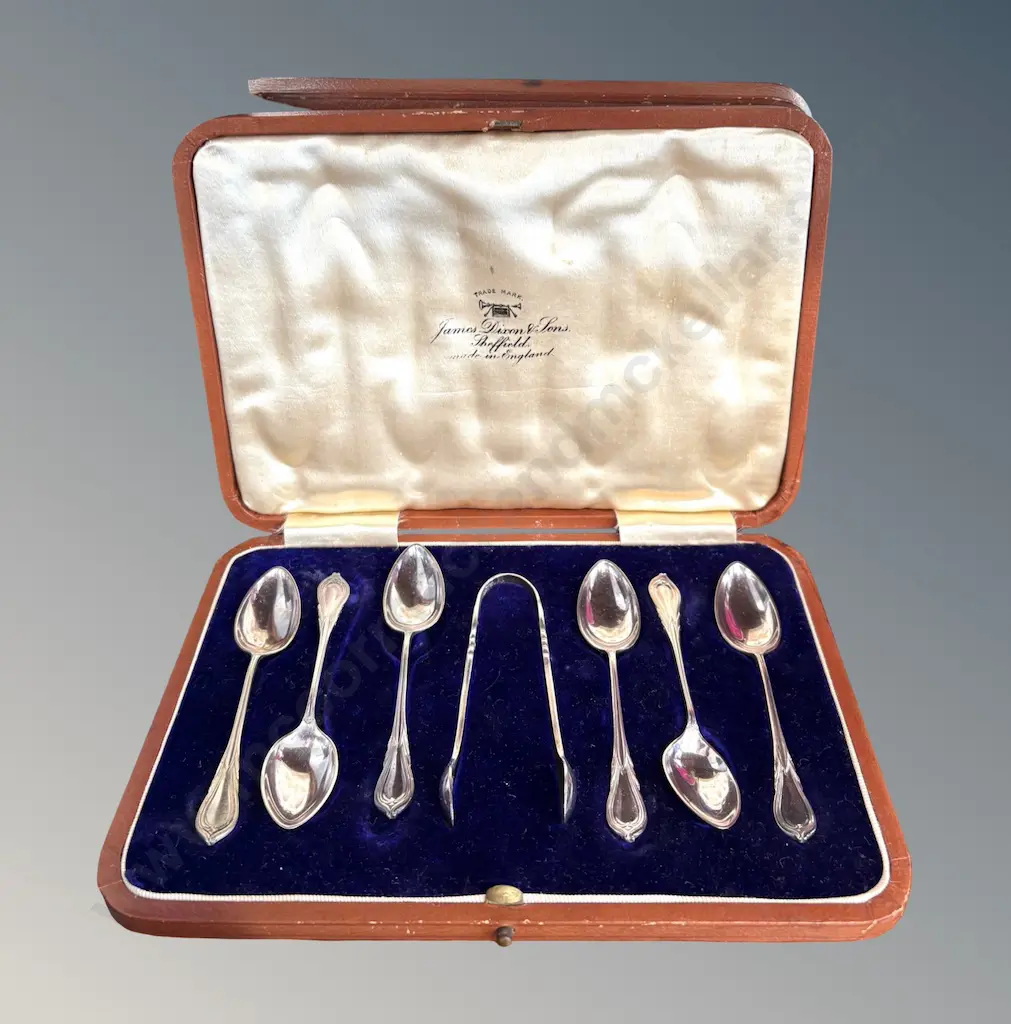 Sterling Silver Cased James Dixon & Sons, Sheffield Set of Six Teaspoons and Sugar Tongs, TW78gms Image 1++