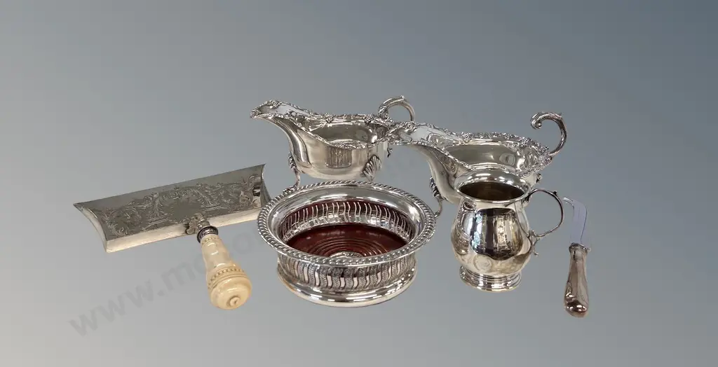 Pair of Footed Sauce Boats, Bottle Coaster, Crumb Tray, Christening Mug and Cheese Knife Image 1++