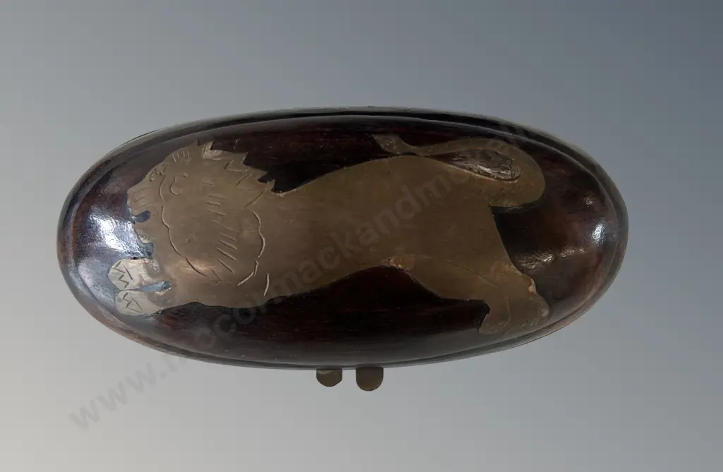 Wooden Oval Trinket Box with Brass Lion Inlay, L15cm Image 1++