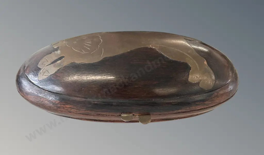 Wooden Oval Trinket Box with Brass Lion Inlay, L15cm Image 1++