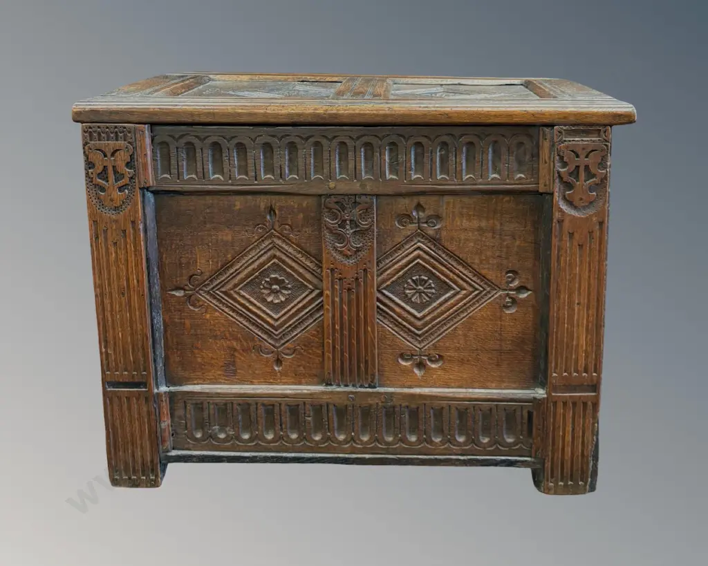 Oak Carved Paneled Wood Box L72xH55xD42cm Image 1++