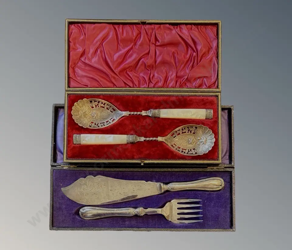 Leather Cased Mother of Pearl Handled Serving Spoons and Silver Fish Servers Image 1++