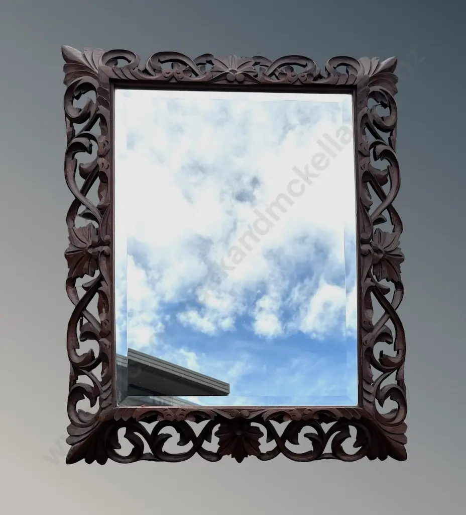Oak Heavily Carved Wall Mirror with Beveled Edge Glass and Leaf Detail H93xW62cm Image 1++