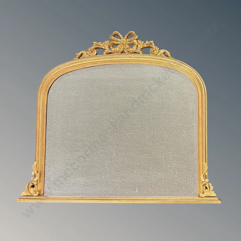 Gilded Bevel Edge Arched Over-Mantle Mirror with Bow and Scroll Detailing L118xH114cm Image 1++