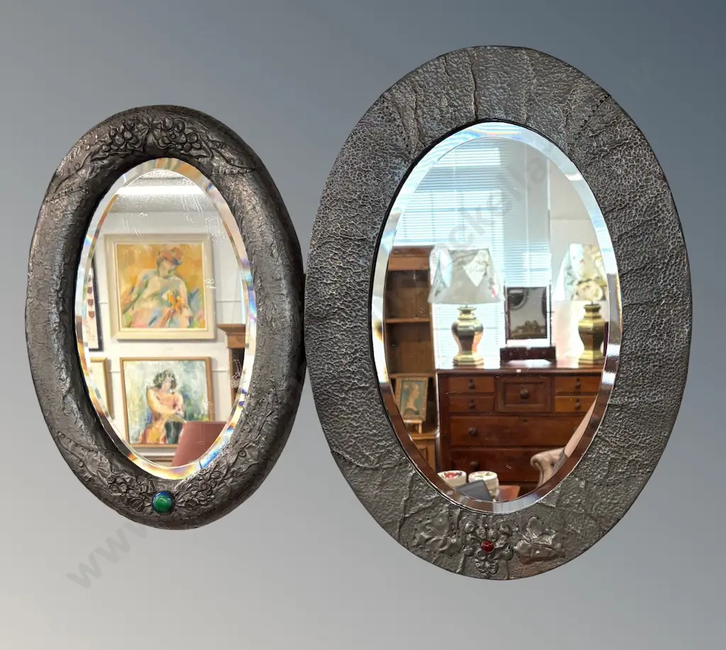 Two Oval Pewter Framed Beveled Edge Wall Mirrors with Coloured Glass Inset H53xD33cm H59xD43cm Image 1++