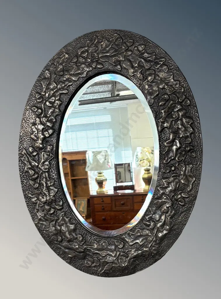 Pewter Beveled Edge Wall Mirror with Leaf Embossed Frame H67xD50cm Image 1++