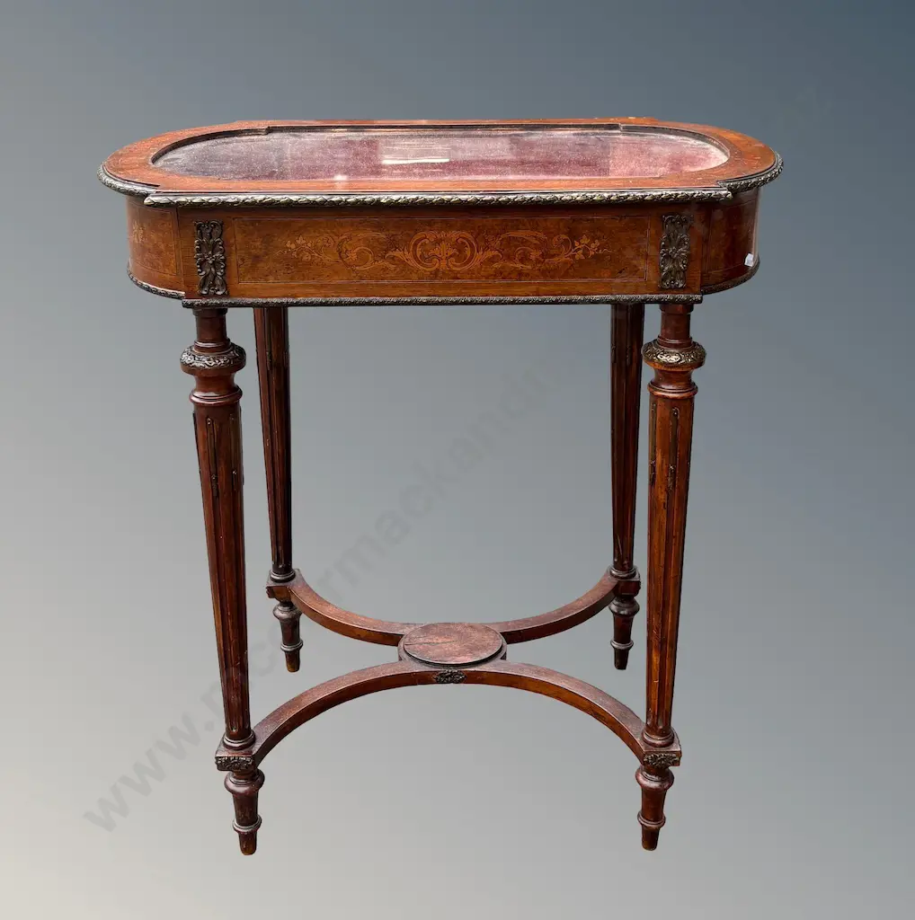 Burr Walnut with Cross Band Display Cabinet, Reeded Legs Carved Beading L69xH74xD41cm Image 1++