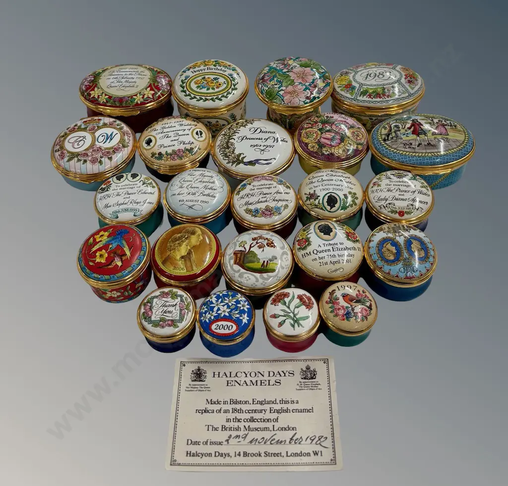 Collection of Halcyon Days Enamel Trinket Boxes and other unmarked boxes Image 1++