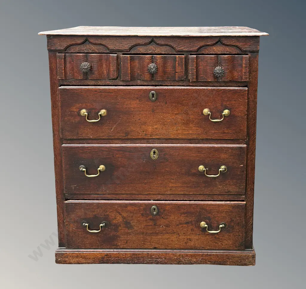 Six Drawer Oak Chest with Linen Fold Front L81xH88xD48cm Image 1++