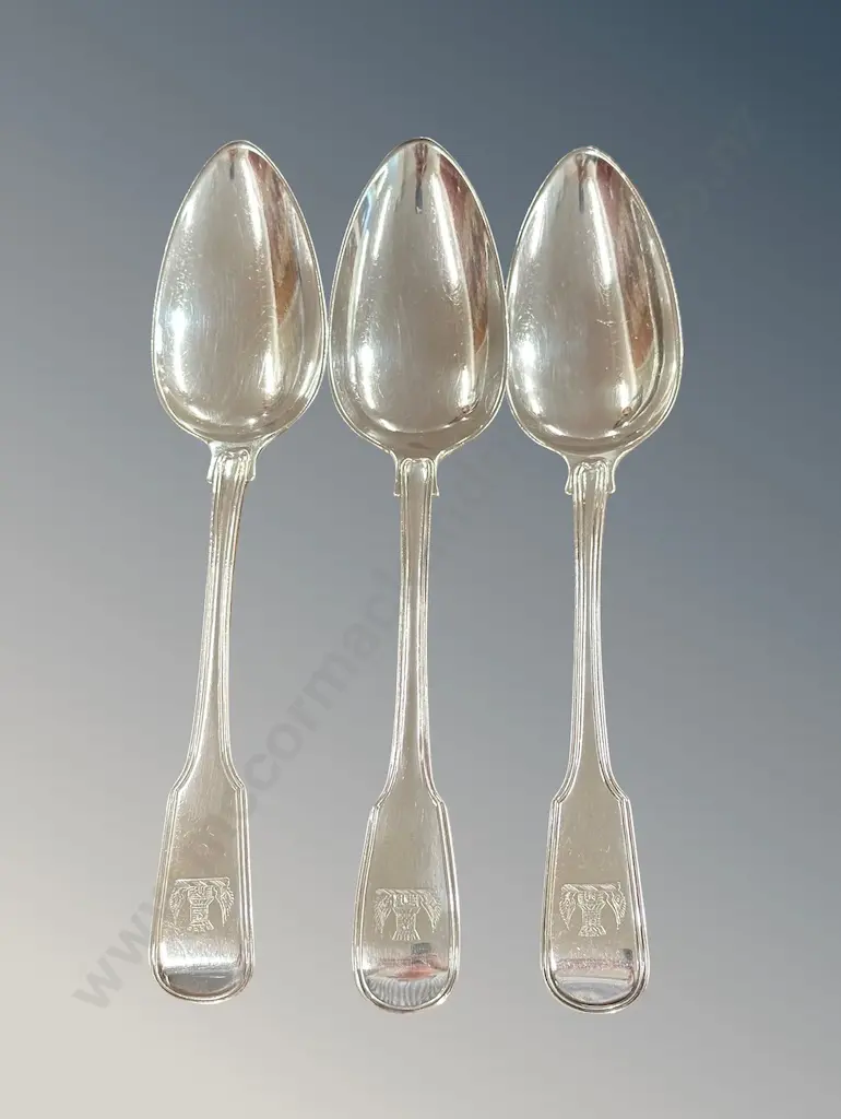 Three Sterling Silver Fiddleback Large Spoons with Family Crest, TW263gms Image 1++