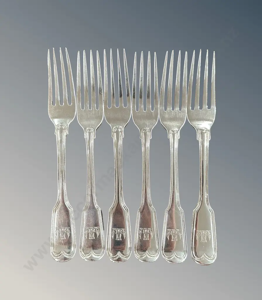 Set of 6 Sterling Silver Fiddleback Forks with Family Crest, TW306gms Image 1++
