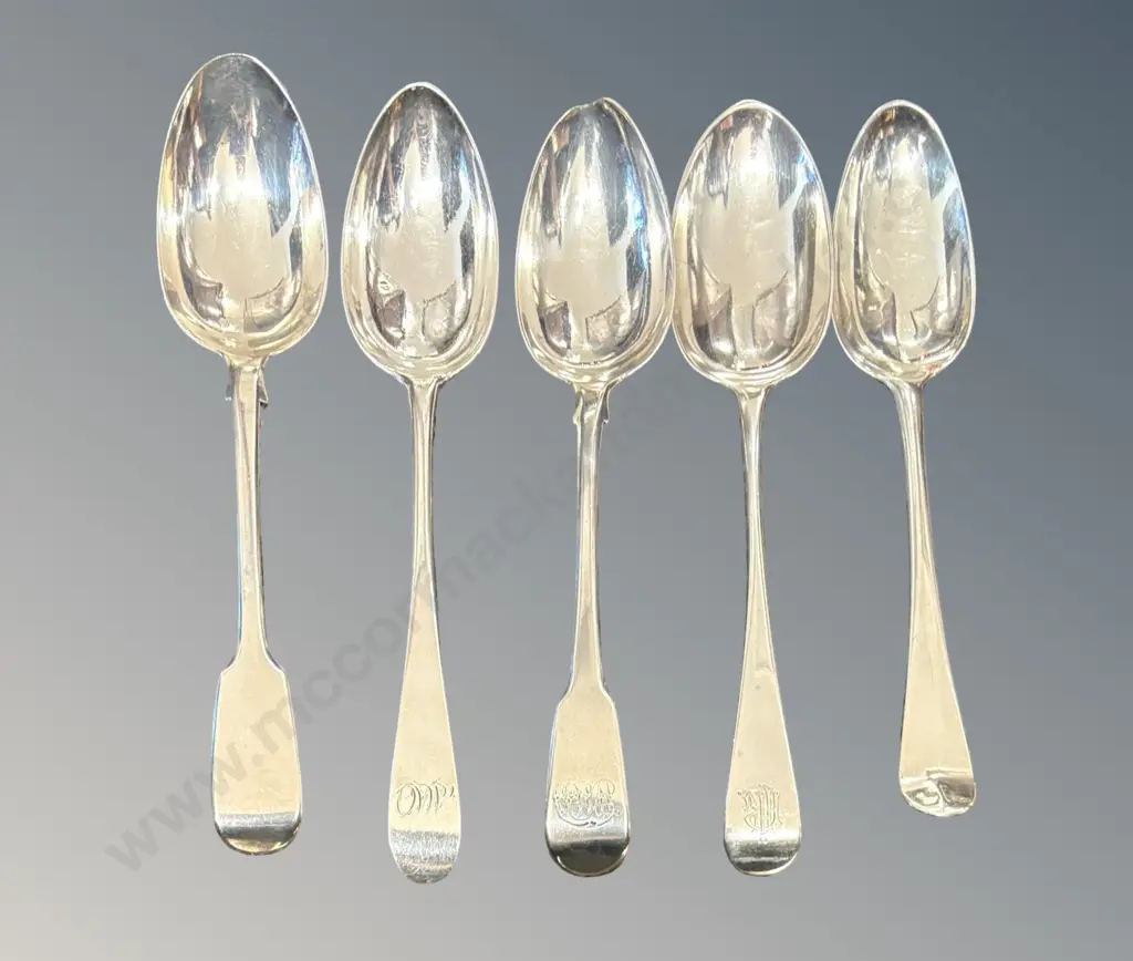 Five Sterling Silver Dessert Spoons, TW367gms Image 1++