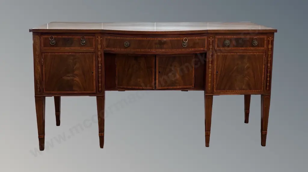 Flame Mahogany Bow Front Sideboard, with Ebony and Fruitwood Stringing, Three Drawers and Two Doors, L178xD59xH92cm Image 1++