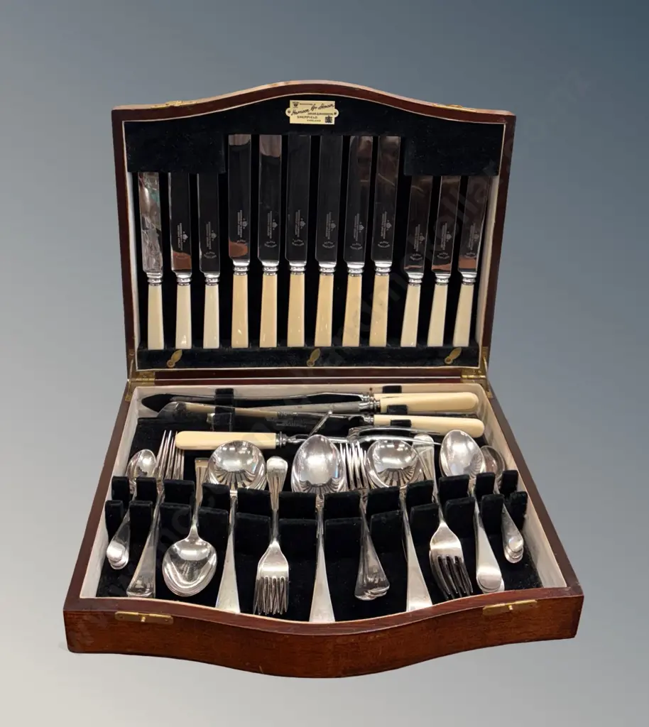 Mahogany Cased Bone Handled Canteen of Cutlery with Carving Knife, Fork and Steel - Harrison Bros, Sheffield England Image 1++