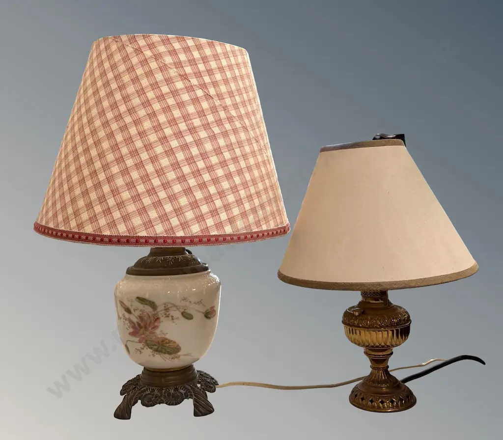 Brass and Milk Glass Table Lamp and Shade H60cm and Smaller Brass Lamp H42cm Image 1++