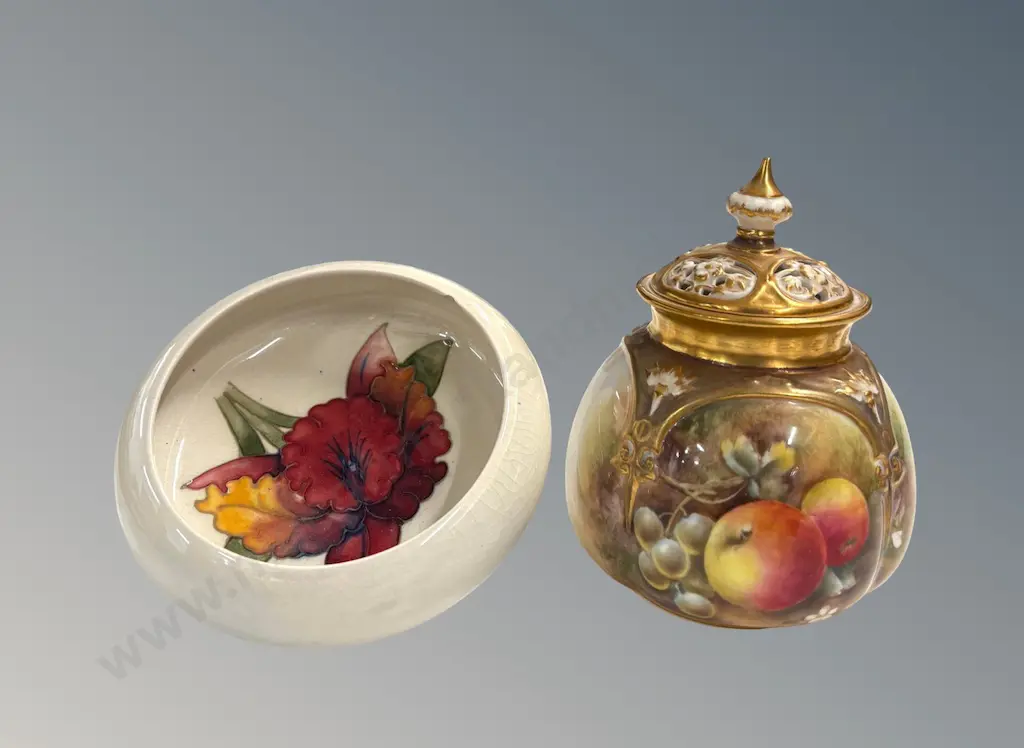 Royal Worcester Fruits Potpourri Vase, H14cm & Moorcroft Iris Bowl, D11.5cm, both AF Image 1++
