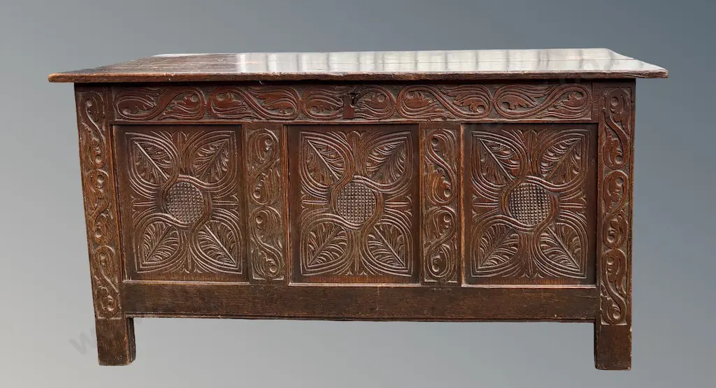 Oak Three Paneled Carved Coffer L121xH62xD52cm Image 1++