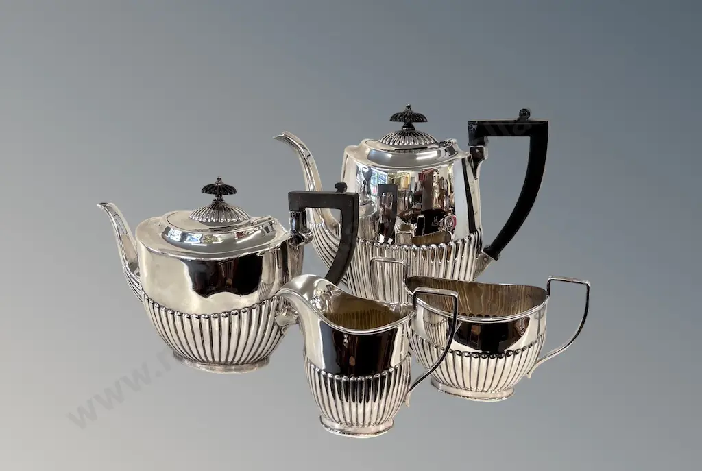 Silver Plate Reeded Coffee Pot, Teapot, Sugar and Creamer Image 1++