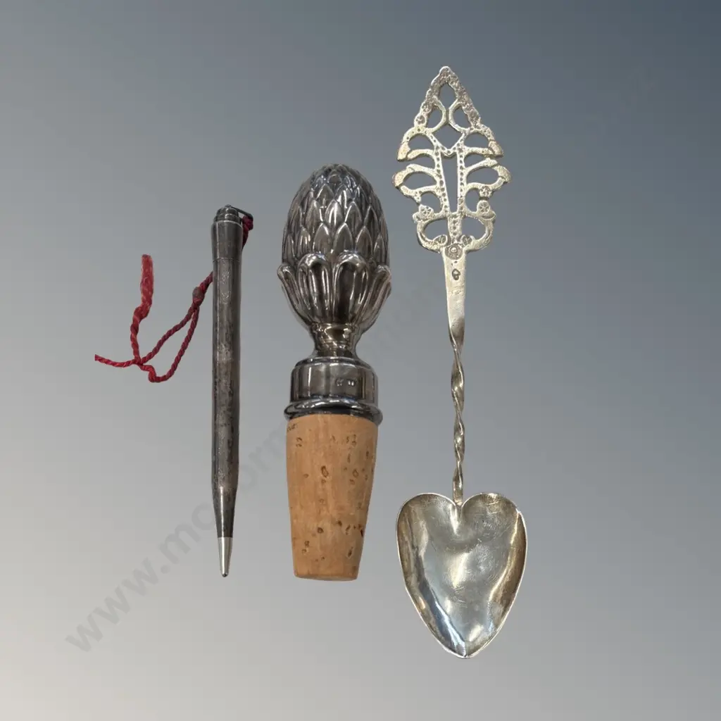 Sterling Silver Mechanical Pencil, Silver Spoon, .800 Silver Acorn Bottle Stopper Image 1++