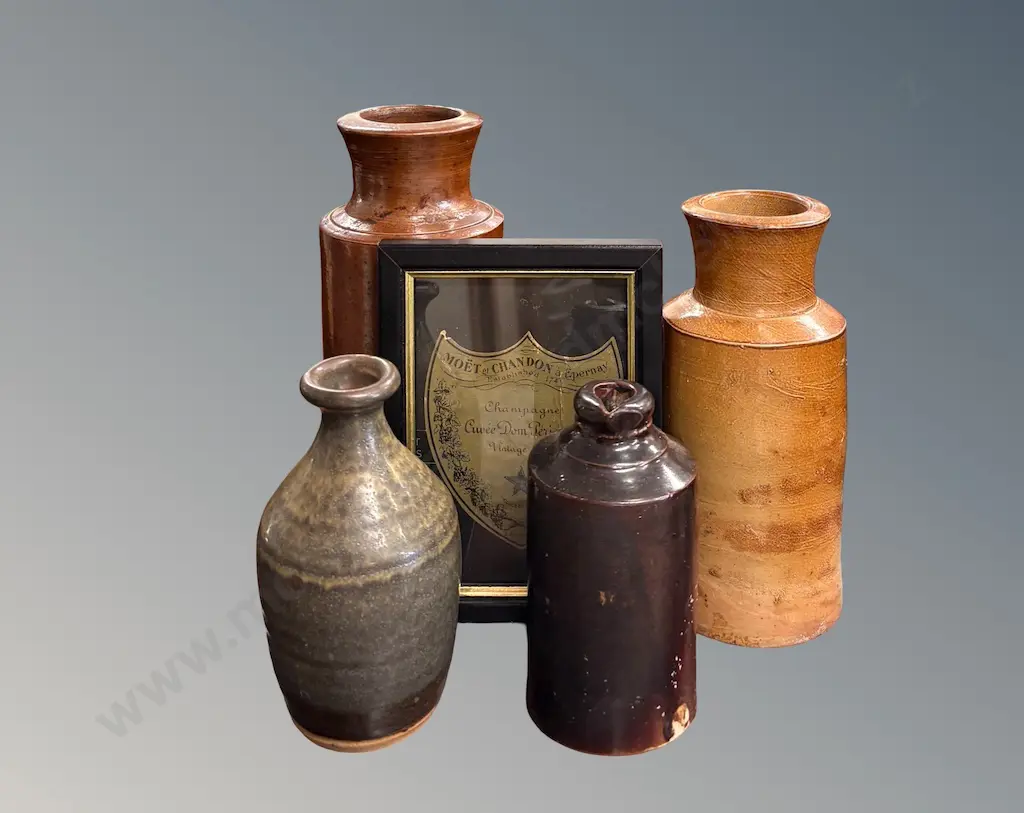 Assorted Stoneware Bottles and a Framed Vintage Moet Label Image 1++