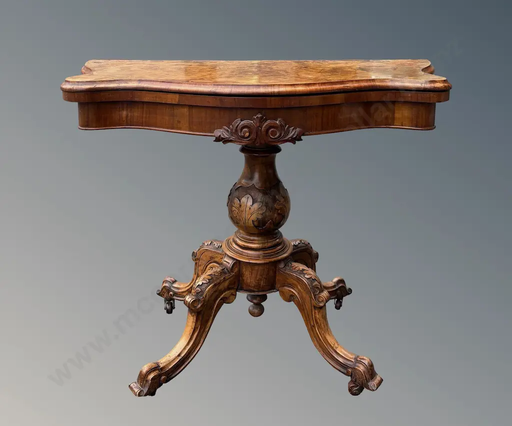 Walnut Serpentine Front Games Table on an Ornately Carved Centre Pedestal Four Point Base L93xH72xD45cm Image 1++