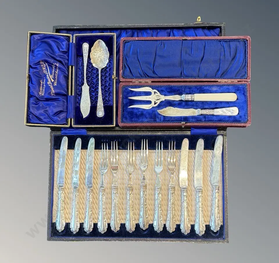 Leather Cased Silver Fruit Knife & Fork Set, Engraved and Embossed Butter Knife & Spoon, Bone Handled Fish Fork and MOP Image 1++
