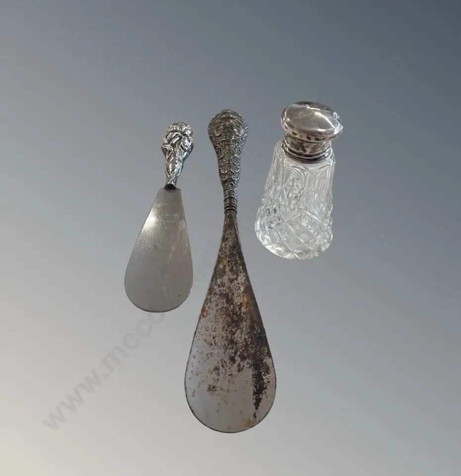 Sterling Silver Handled Shoe Horn with Steel End, Silver Shoe Horn & Sterling Topped Cut Glass Perfume Bottle Image 1++