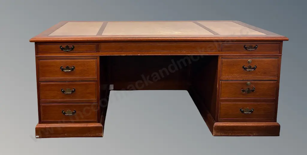 Mahogany Six Drawer Partners Desk with Leather Inlayed Panels L180xH75xD90cm Image 1++