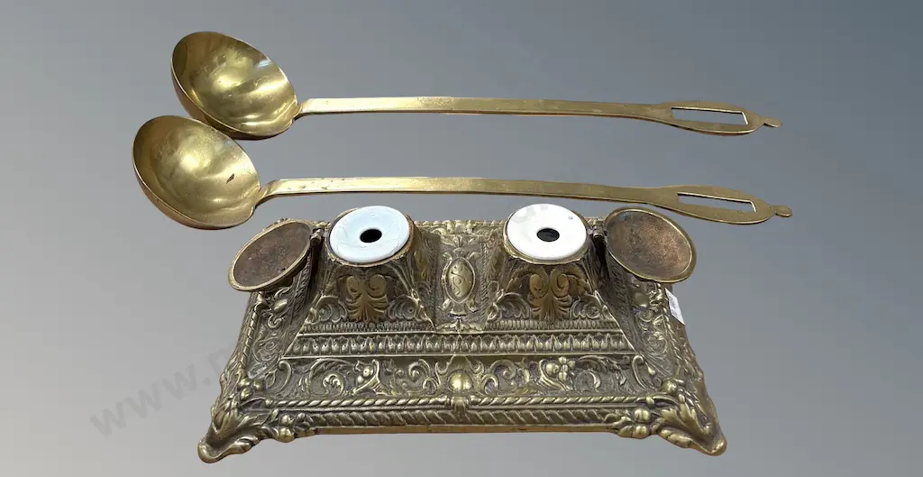 Two Heavy Brass Ladles and a Brass Desk Set with Porcelain Liners Image 1++