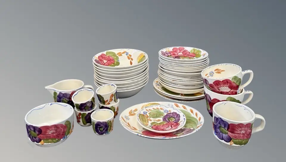 Fleurette Bowls, Plates, Cups & Saucers, Egg Cups, Creamer, Sugar Bowl etc, 41 pieces, some AF Image 1++