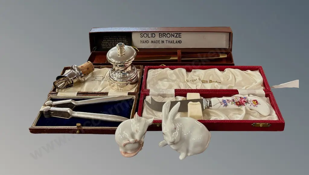 Copenhagen Rat and Rabbit, Mappin & Webb Silver Pepper Grinder, Nut Cracker, Silver Drip Stopper, Cheese Knives (one AF) Image 1++