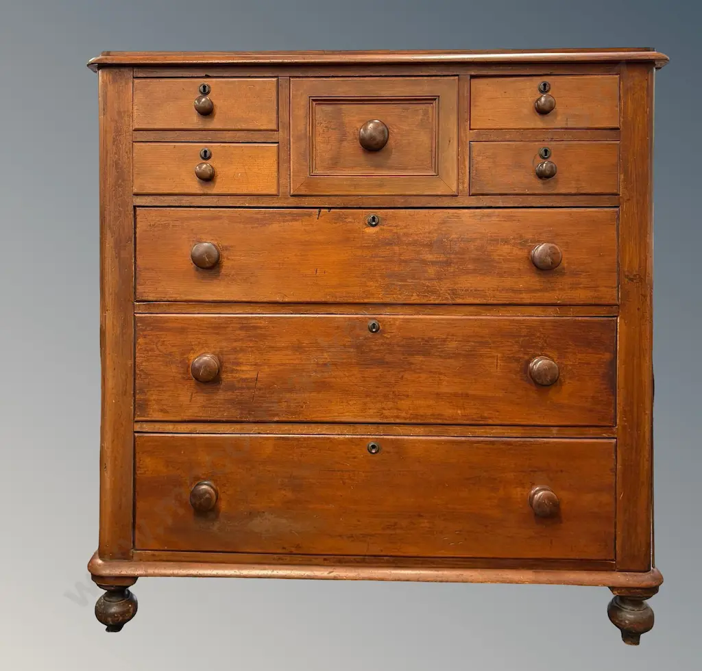 Kauri 8 Drawer Scotch Chest with Round Knobs on Bun Feet L120xH125xD47cm Image 1++