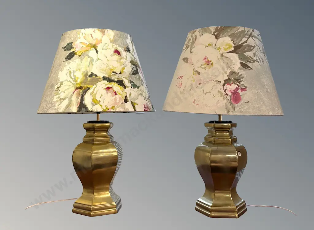 Pair of Brass Table Lamps with Floral Shades H72cm Image 1++