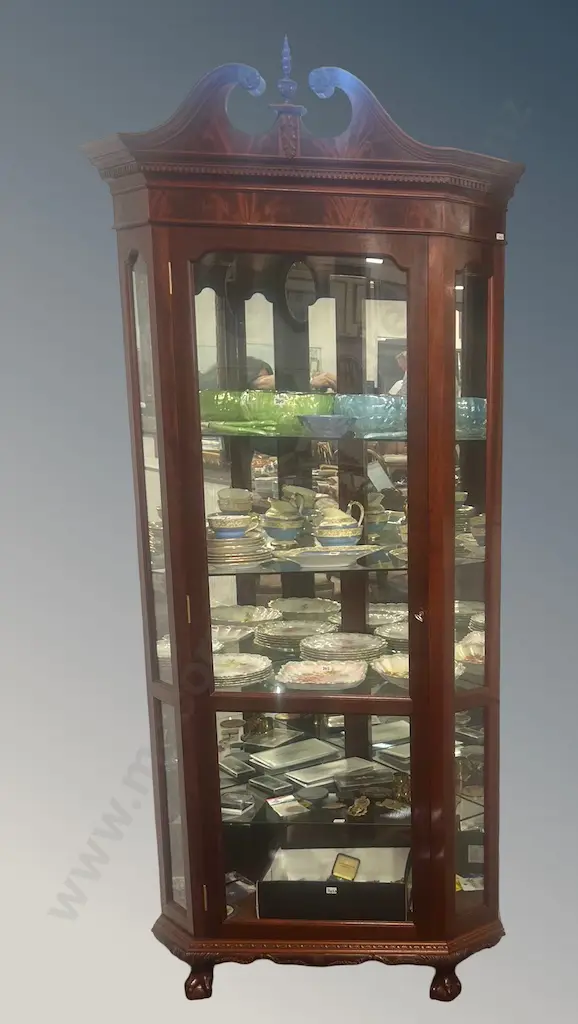 Mahogany and Flame Mahogany Corner Display Cabinet with Ornately Carved Acorn and Floral Finial and Carved Beading on Image 1++