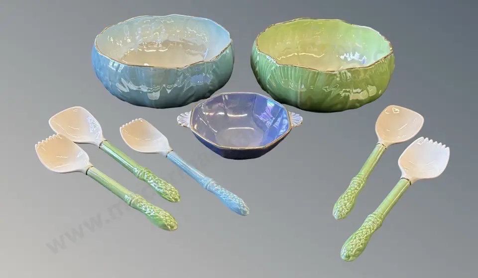 Maling Lustre Salad Bowls in Green and Blue, Two Sets of Salad Servers with one Extra, Small Twin Handled Bowl Image 1++