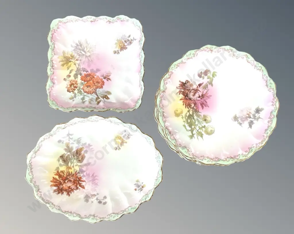 Doulton Burslem Floral Plates and Serving Dishes with mint cream and gilt border - 12 pieces Image 1++
