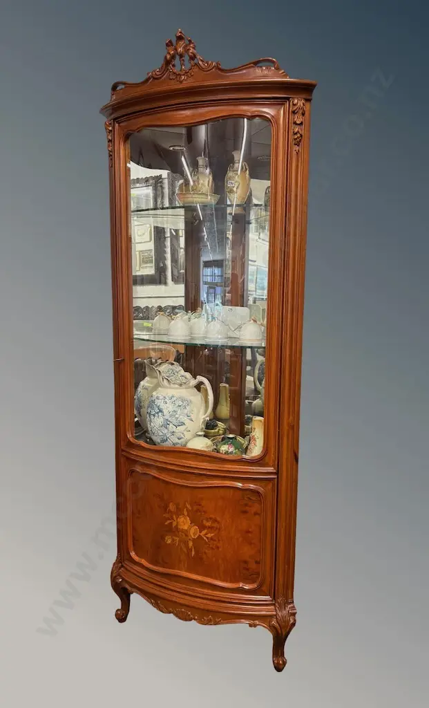 Walnut with Floral Fruitwood Inlay Convex Corner Display Cabinet on Ball and Claw Feet, Three Glass Shelves Image 1++