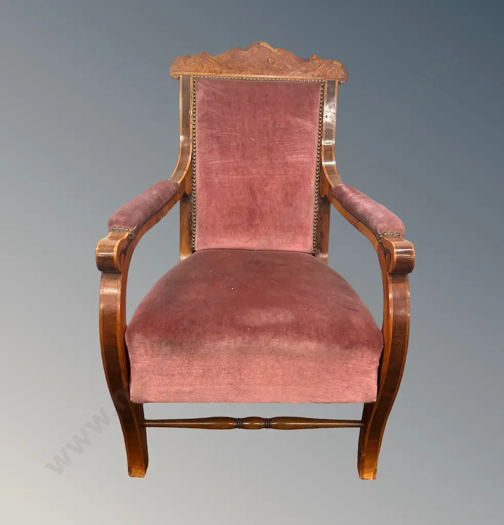 Walnut Biedermeier Armchair with Dusky Pink Velvet Upholstery, c.1860-1890 Image 1++