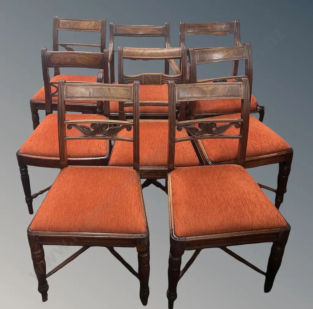 Set of 8 (incl 2 carvers) Mahogany Upholstered Blade Back Dining Chairs Image 1++
