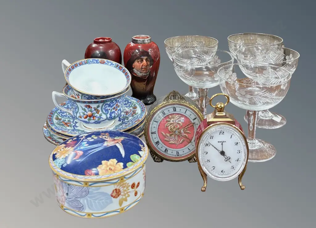 Spode Lidded Container, Two Bedside Clocks, Aynsley China, Vases and Etched Stemmed Glasses Image 1++