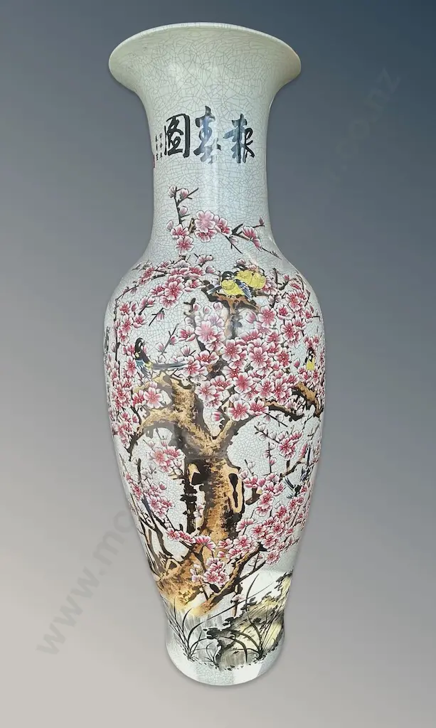 Chinese Bird and Blossom Relief Crackle Glaze Porcelain Vase, H135cm Image 1++