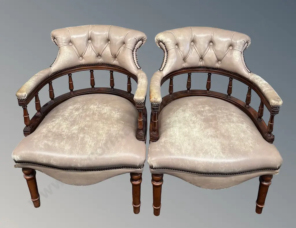 Pair of Deep Buttoned Leather Spindle Back Captain's Chairs, H80cm Image 1++