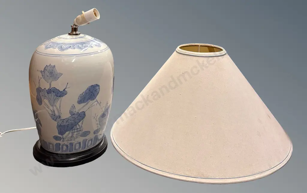 Blue and White Porcelain Table Lamp on Ebonised Base with Shade, H60cm, AF Image 1++