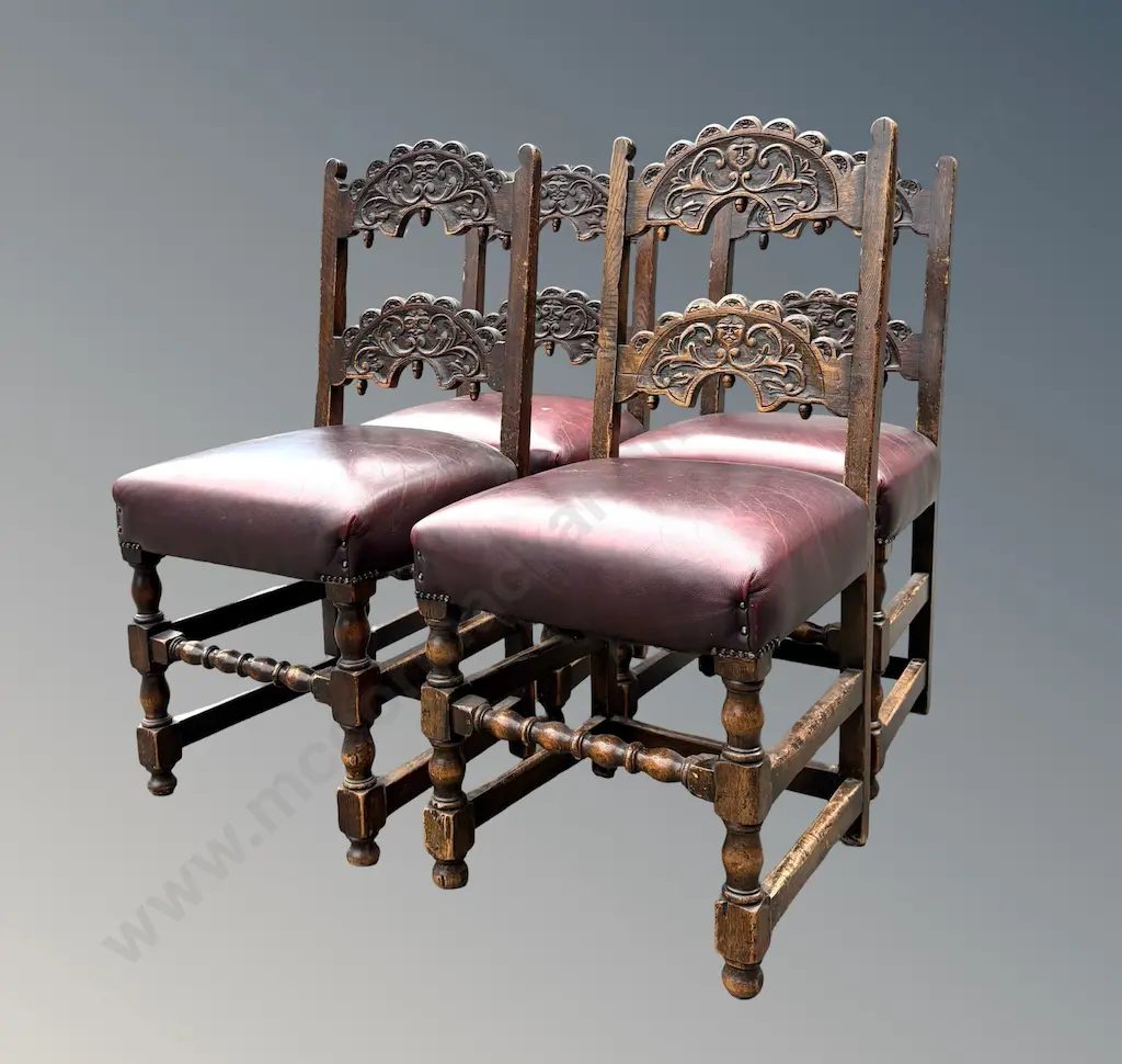 Set of Four Oak Carved Back Dining Chairs with Leather Upholstered Seats Image 1++