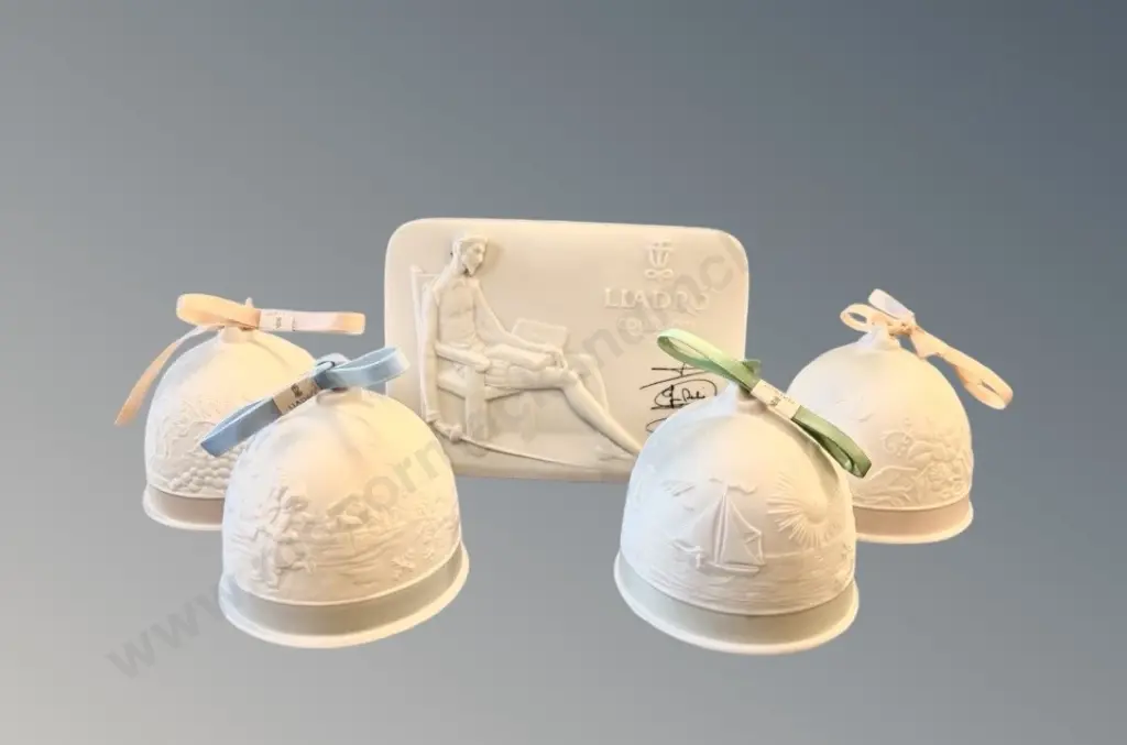 Four Lladro Bisque Porcelain Bell Ornaments and signed Plaque Image 1++