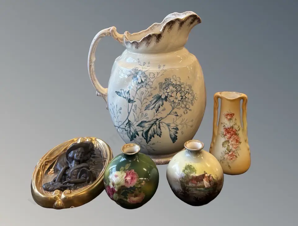 Hand Painted Wedgwood Gainsborough Wall Plaque, English Pitcher & Three Porcelain Vases Image 1++