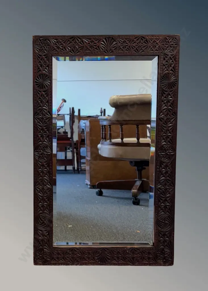 Wooden Carved Beveled Edge Wall Mirror H91xW56cm Image 1++
